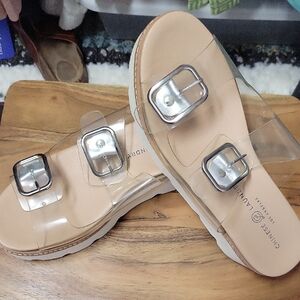 Chinese Laundry Beige Sandals with Metallic Buckles